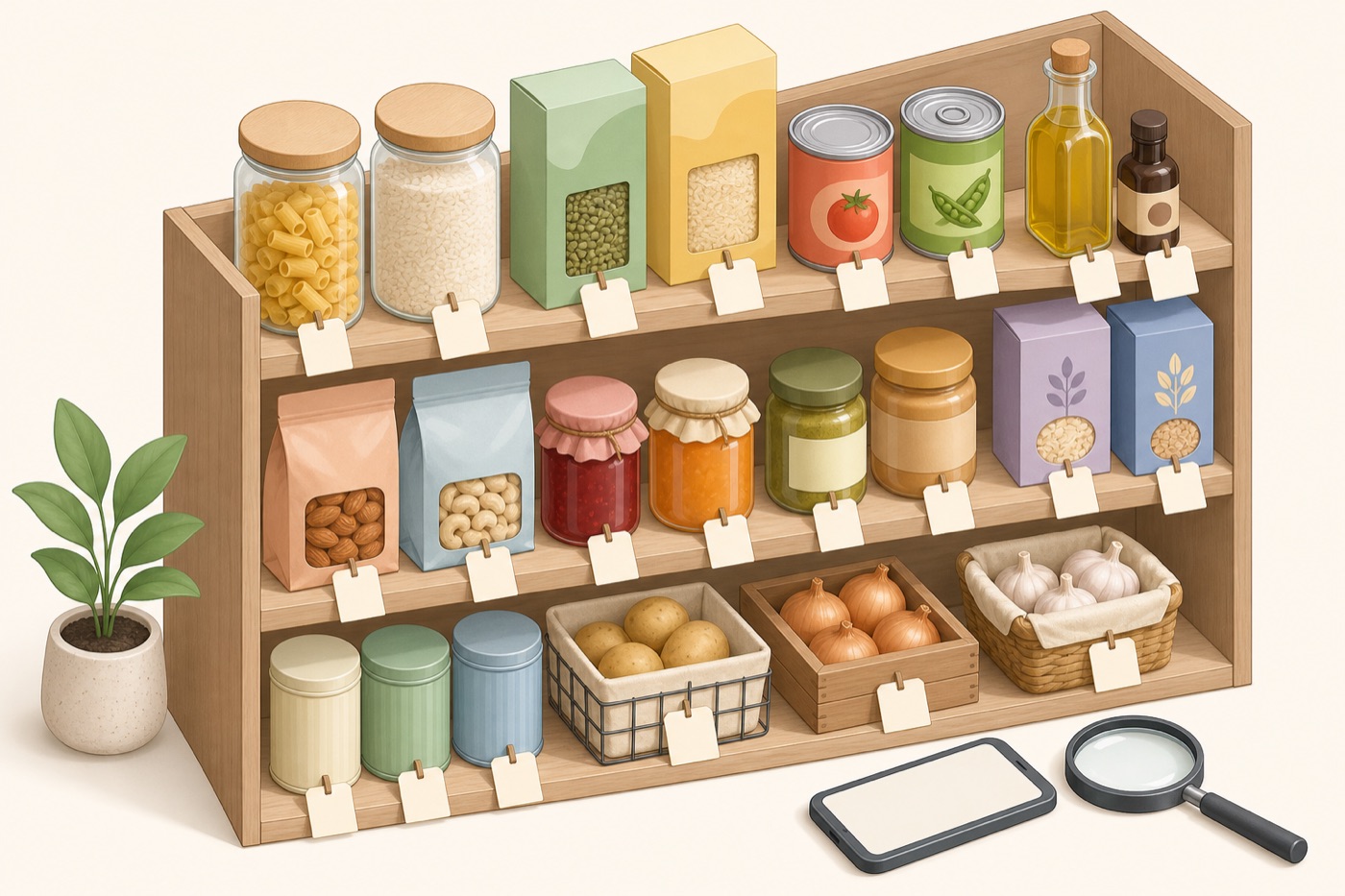Isometric illustration of a tidy shelf of food items with blank tags, a phone shape and a magnifying glass
